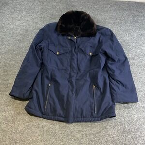 Bogner Navy Blue Cordura Field Jacket Natural Fur Collar Gold Hardware Size 10